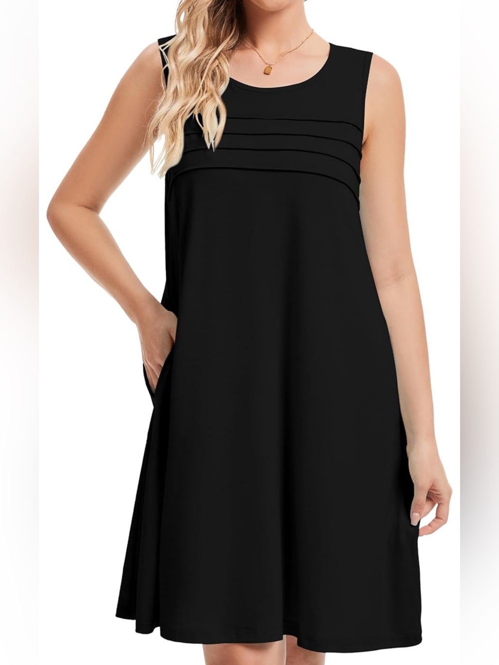 Chic A-Line Lightweight Sleeveless Pleat Detail Dress w Pockets